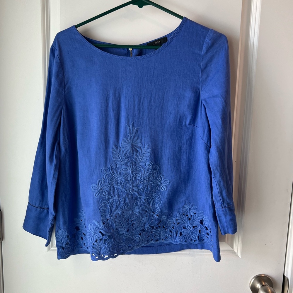 J. Crew Royal Blue Embroidered linen Blouse. Size 6